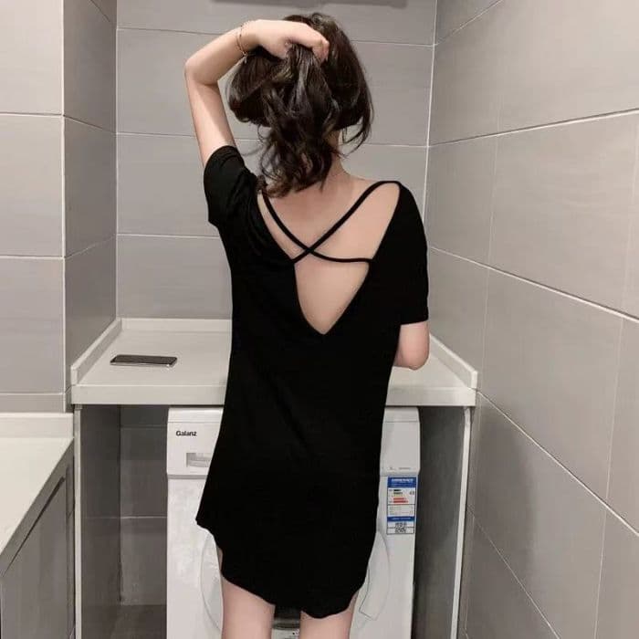 Women's Summer Sleep Dress, Pure and Simple Style, U-Neck Modal Fabric with Built-in Pads, Short Sleeve, Open Back, Loose Fit Nightgown