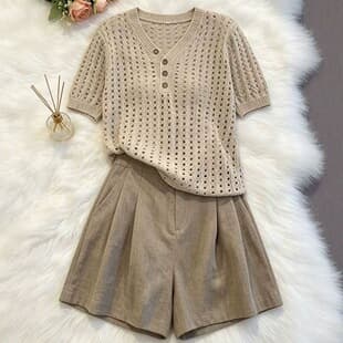 Stunning Summer Outfit Set New Year Hollow Short Sleeve Top High Waist Shorts Two-Piece Set Women New