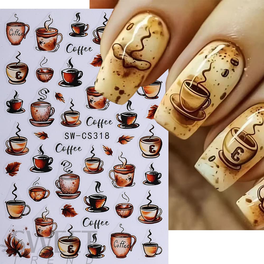 Cross-Border Hot Selling Nail Art Stickers Wholesale Autum Maple Leaf Coffee Hot Drink Fallen Leaves Fruit 3D Self-Adhesive Nail Stickers