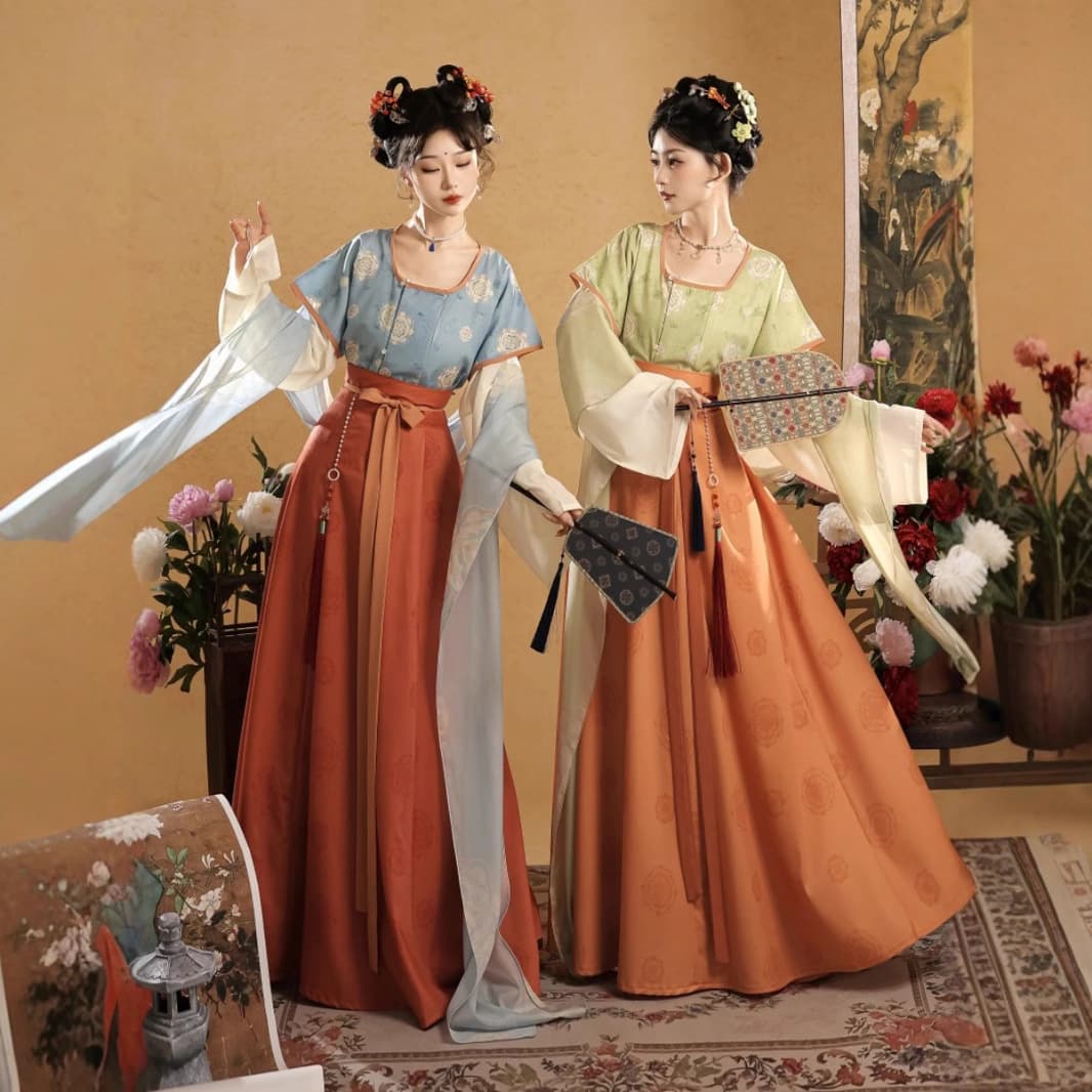 [Dream Tang] Original Tang Beizi Round Collar Shirt Hanfu Women Spring Summer Tang Dynasty Eight-Panel High-Waist Skirt Set