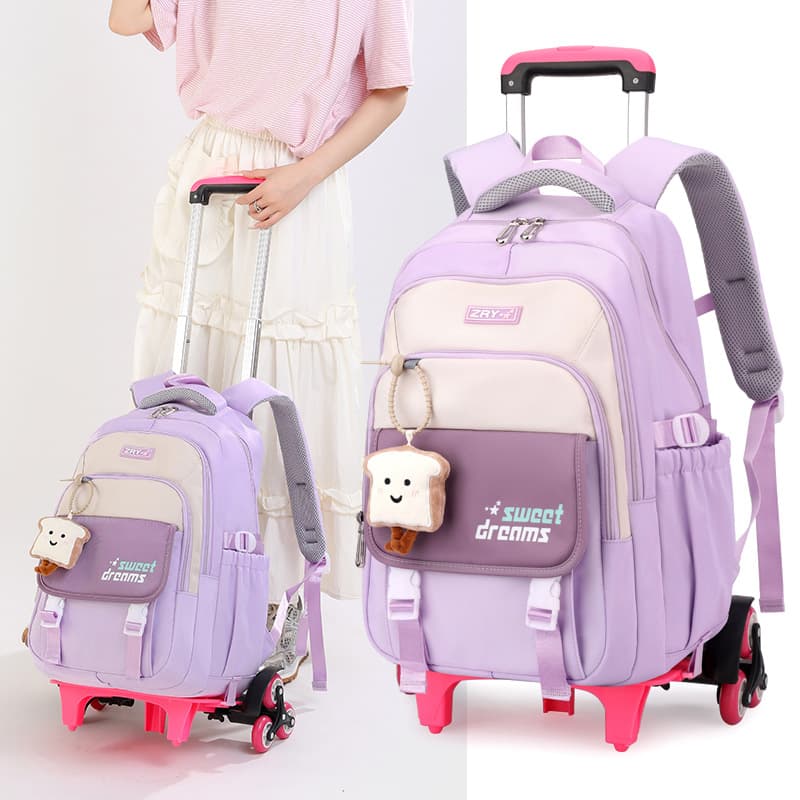 Elementary School Student Pull Rod Backpack Girl Six-Wheel Climb Stairs Children Grades 2-6 Large Capacity Waterproof Weight Reduction 7-12 Years