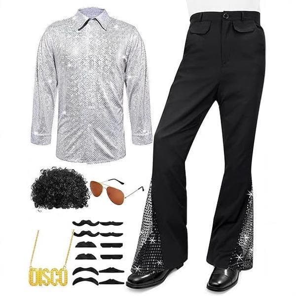 New Men's 70s Disco Costume Shiny Shirt and Flared Pants