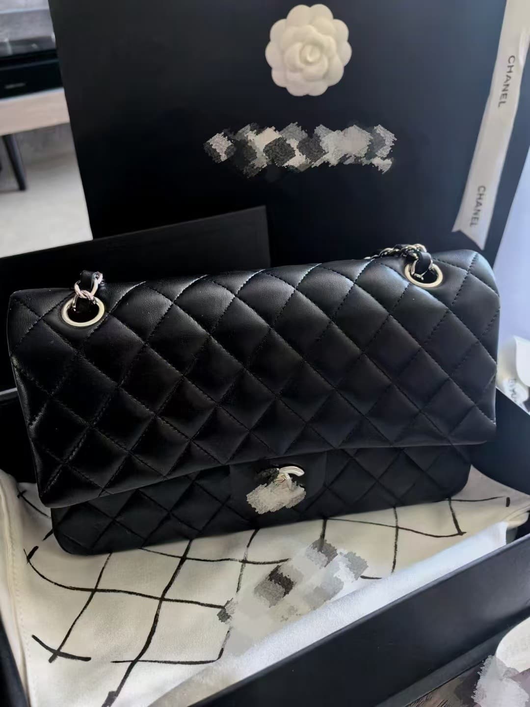 25cm Classic CF Caviar Leather Bag, Underarm Diamond Quilted Chain Shoulder Crossbody Flap Bag, Pebbled Grain Square Bag for Women