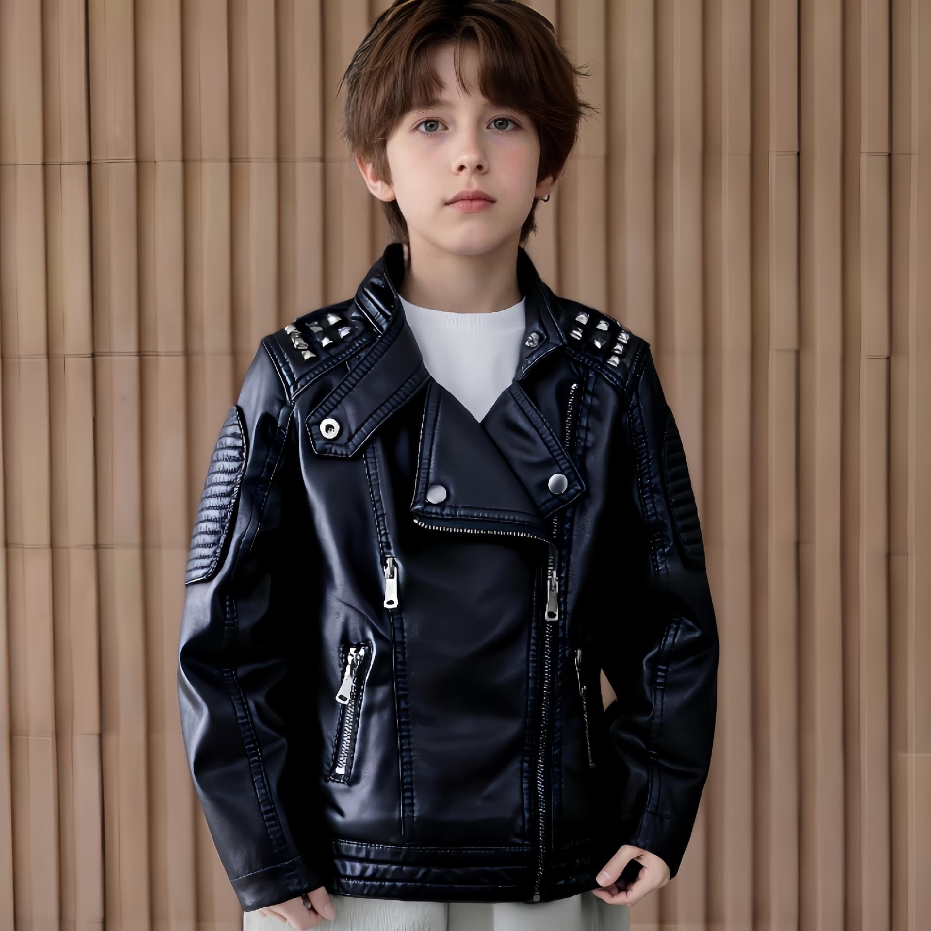 Children's leather jacket with rivet design, new style for spring and autumn, Korean style, slim fit, hot-selling in cross-border trade, wholesale available.