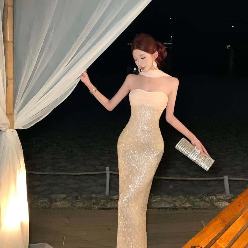 White tube top dress women's new style elegant lady style birthday party dress skirt shawl mid-length skirt