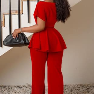 Cross-Border Hot Selling European-American Style Red Elegant Women's Set, Short-Sleeve Fitted Top, Flowing Wide-Leg Pants, Office Two-Piece Suit