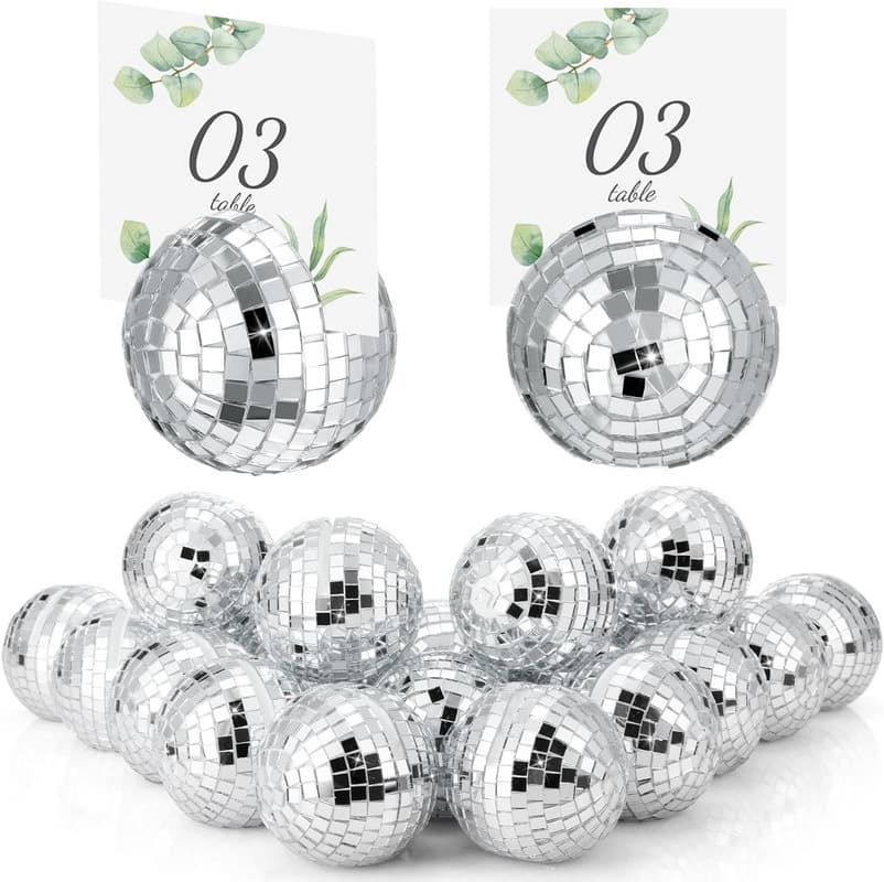 5CM Silver Pink Disco Glass Ball Table Number Stand, Card and Photo Holder for Wedding Birthday Party Decoration