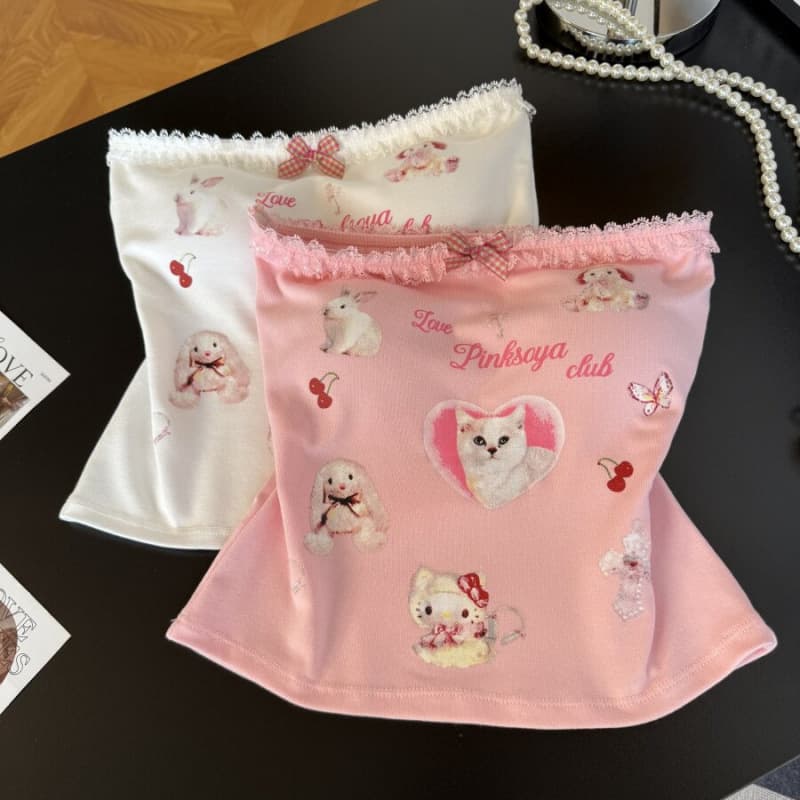 New Cartoon Print Tube Top for Women, Slim Fit with Built-in Pads, Versatile Inner or Outer Wear