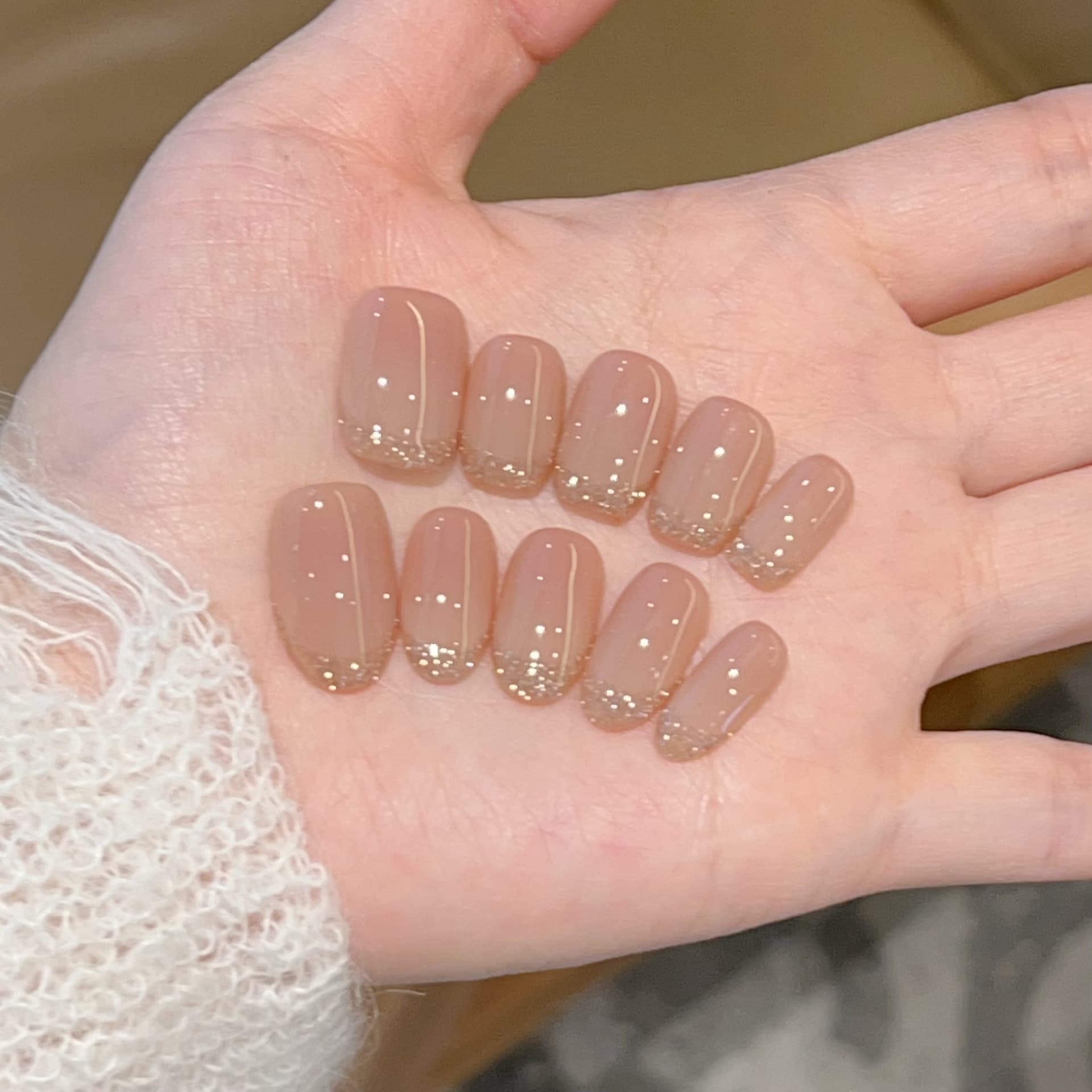[Galaxy Chufei] Pure Desire Nude Gradient Diamond French Handmade Wear Nail J219 Model with Box Tool Kit