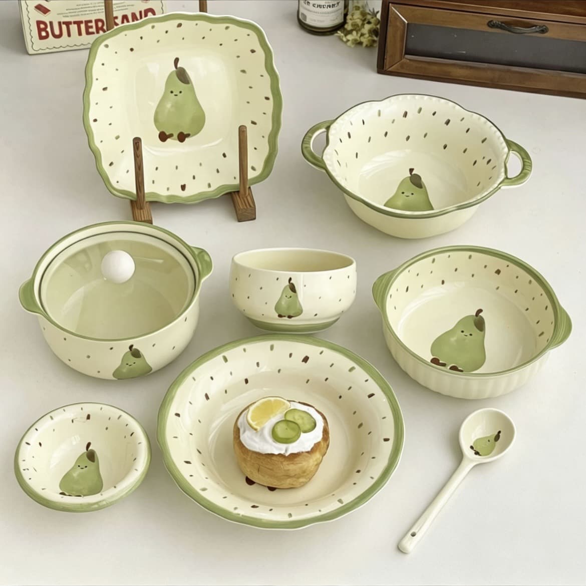 Green Pear Avocado Ceramic Dinnerware Set High Appearance One-Person Meal Underglaze Color Rice Bowl Plate Dish Soup Bowl