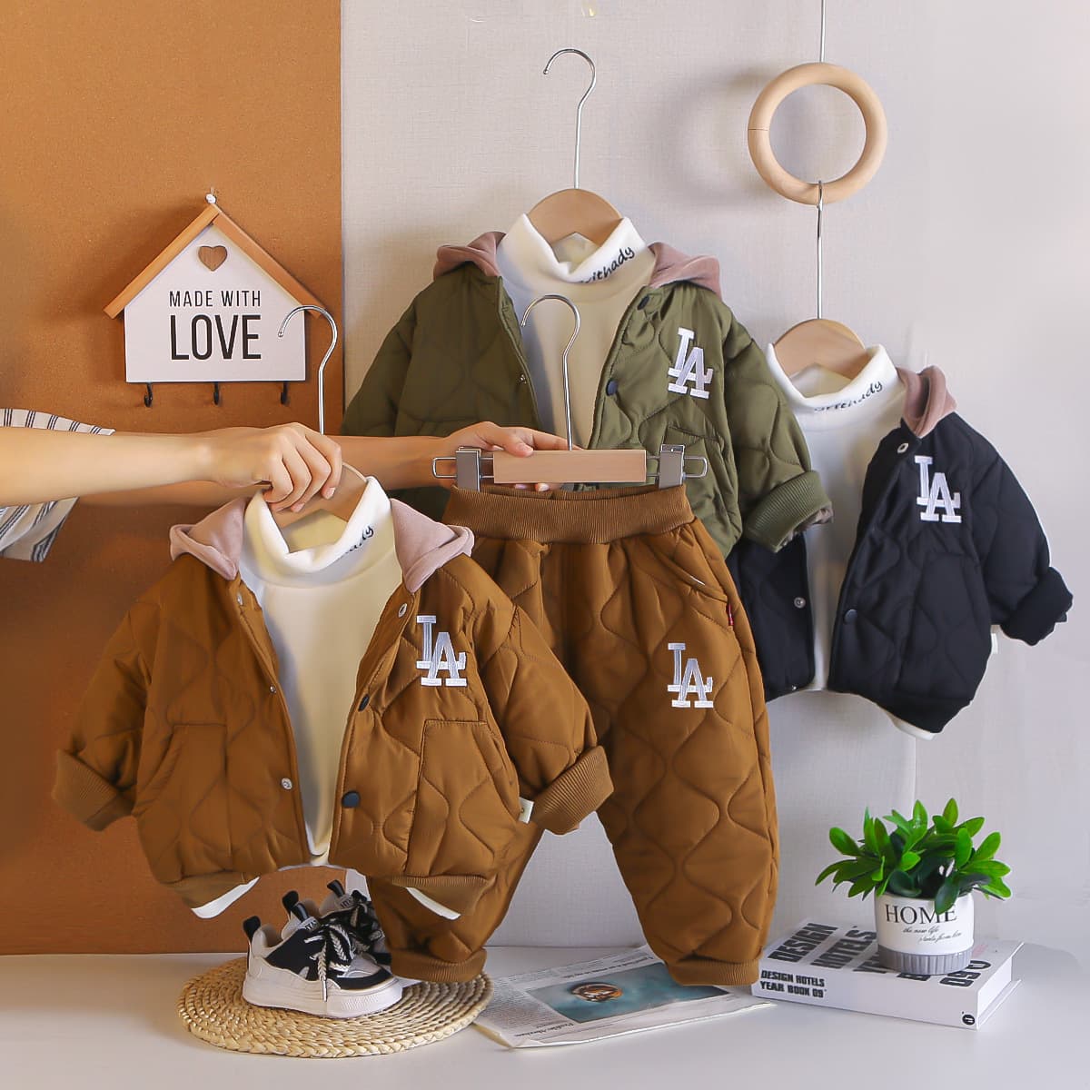 2026 Winter Boys Quilted 3-Piece Set Baby Hooded Cotton Coat Cotton Pants Base Layer Toddler Kids Set Wholesale