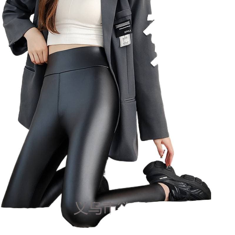 Women's PU Leather Pants for Fall/Winter, Fleece-Lined and Thickened Base Layer Pants, High-Waist Slim Fit Plus Size Thermal Leggings, Wholesale Export