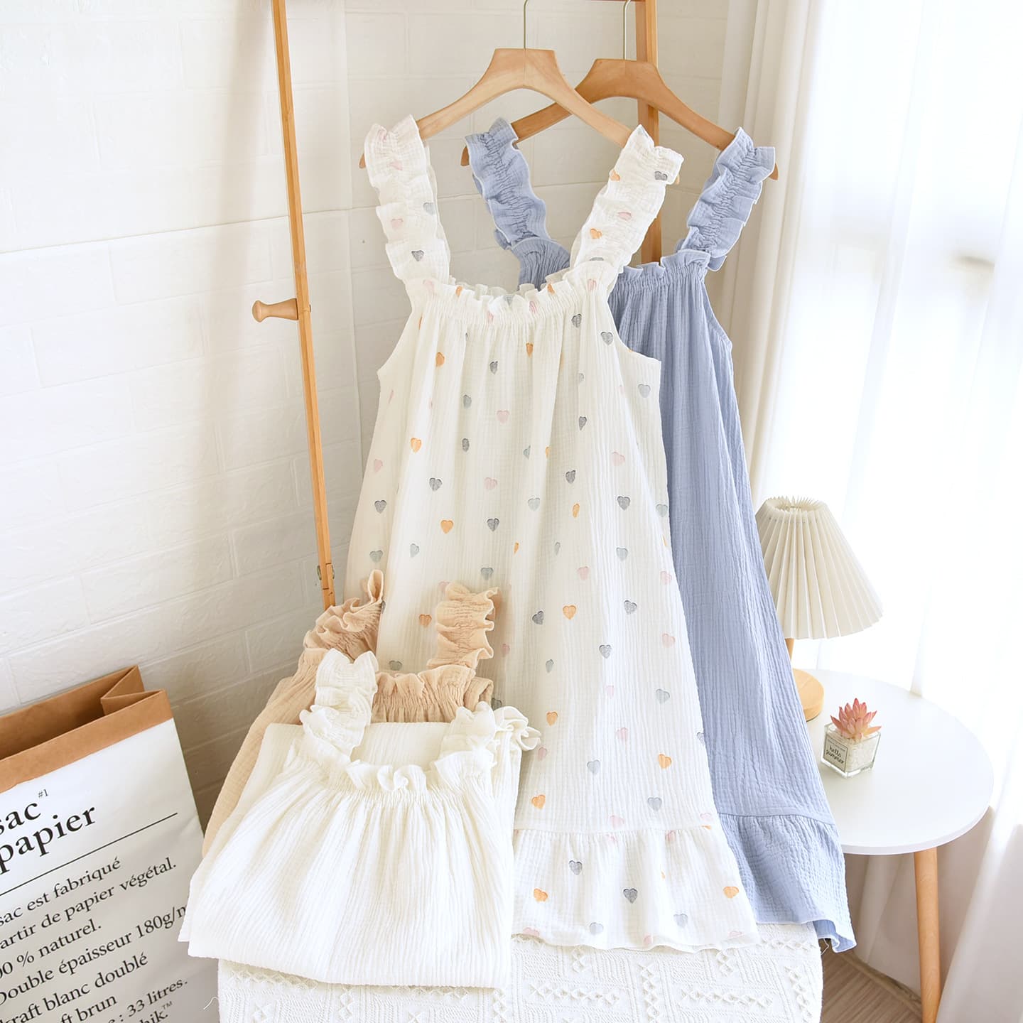 Women's Summer Cotton Yarn Thin Camisole Pajamas Loose Mid-Length Sweet and Cute Long Dress Home Wear