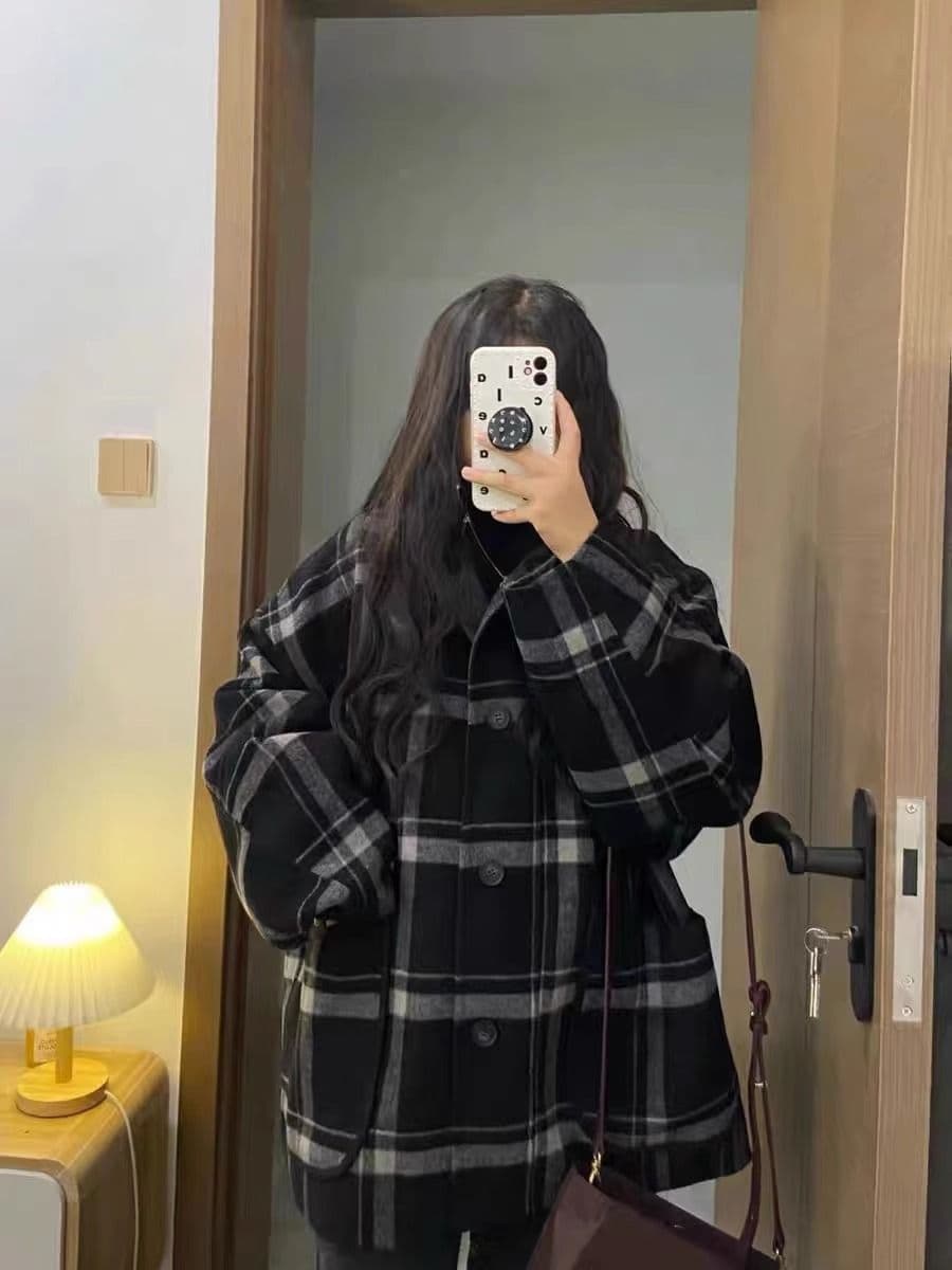 Extra Large Size Check Wool Coat Women's Autumn/Winter Plus Size 2-300 Jin Loose Retro Elegant Wool Jacket Ins Trendy