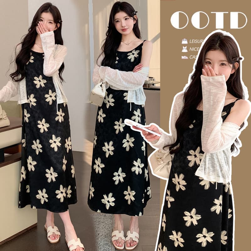 Fashionable Maternity Wear: Knitted Cardigan + Slip Dress Two-Piece Set, Korean Style Maternity Dress