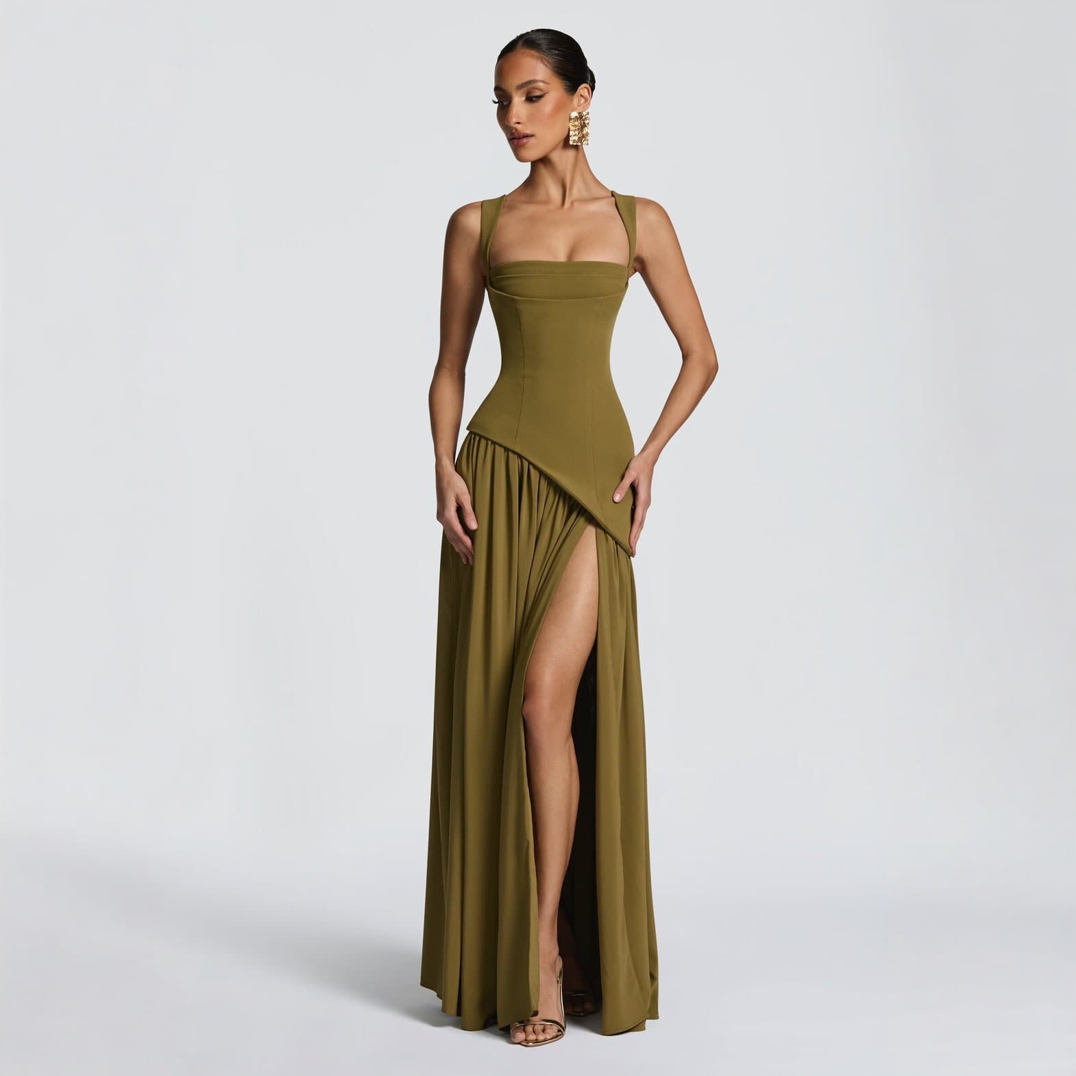 Women's Casual Long Sleeve Slim Fit Pure Desire Camisole Maxi Dress Slim Solid Color Bodycon Dress