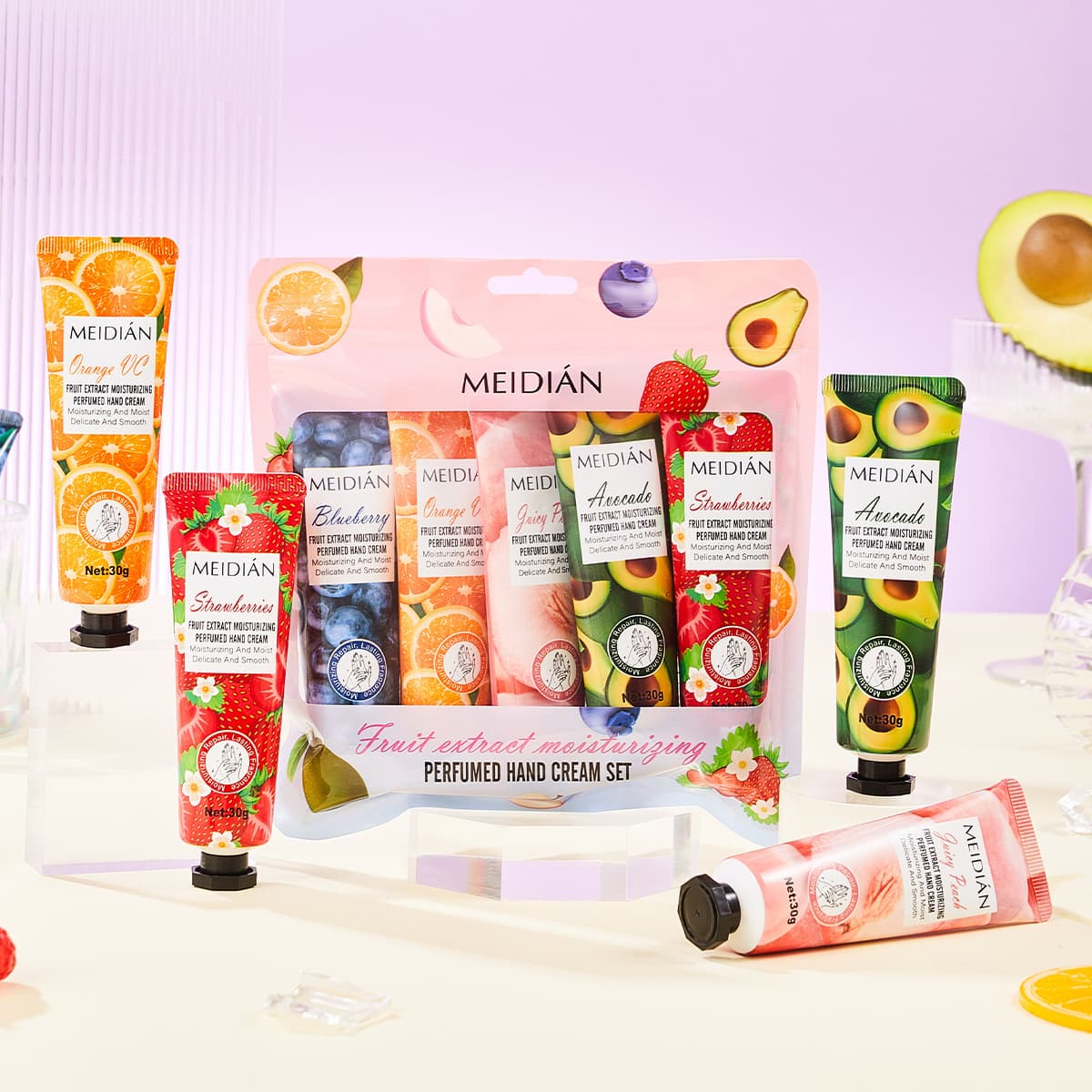 Meidian English version fruity hand cream five-piece set hydrating, moisturizing, long-lasting fragrance hand care hand mask cream