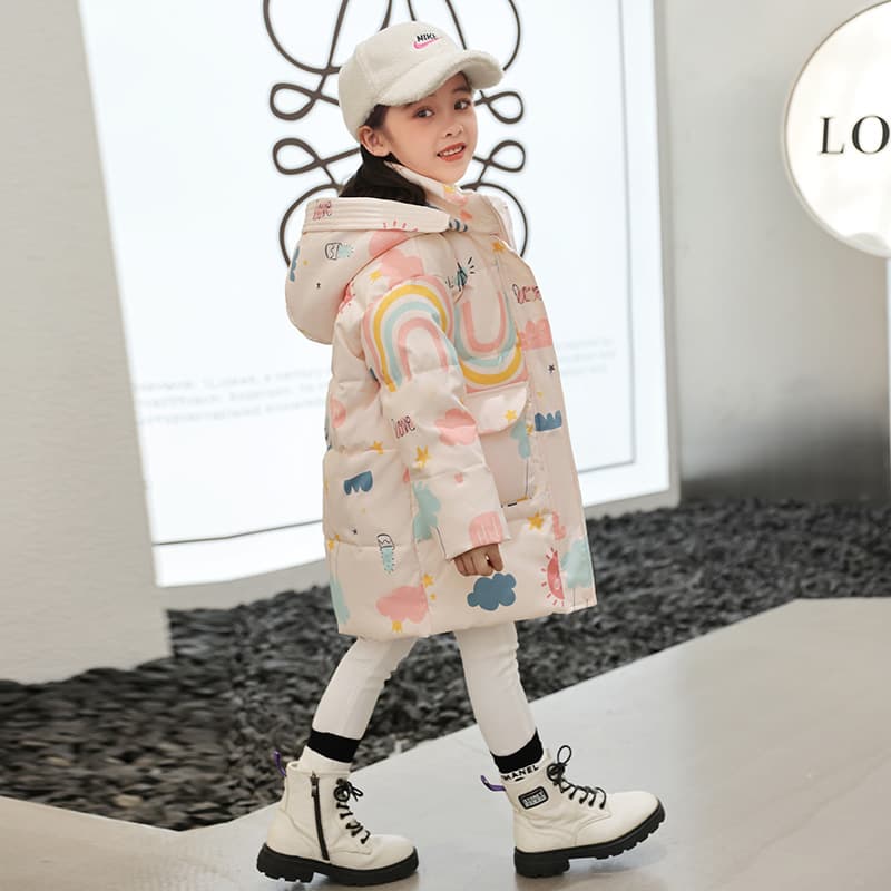 Winter Children's Down Jacket for Girls, Mid-Length White Duck Down Hooded Coat, Stylish Outerwear for Toddlers Ages 3-8