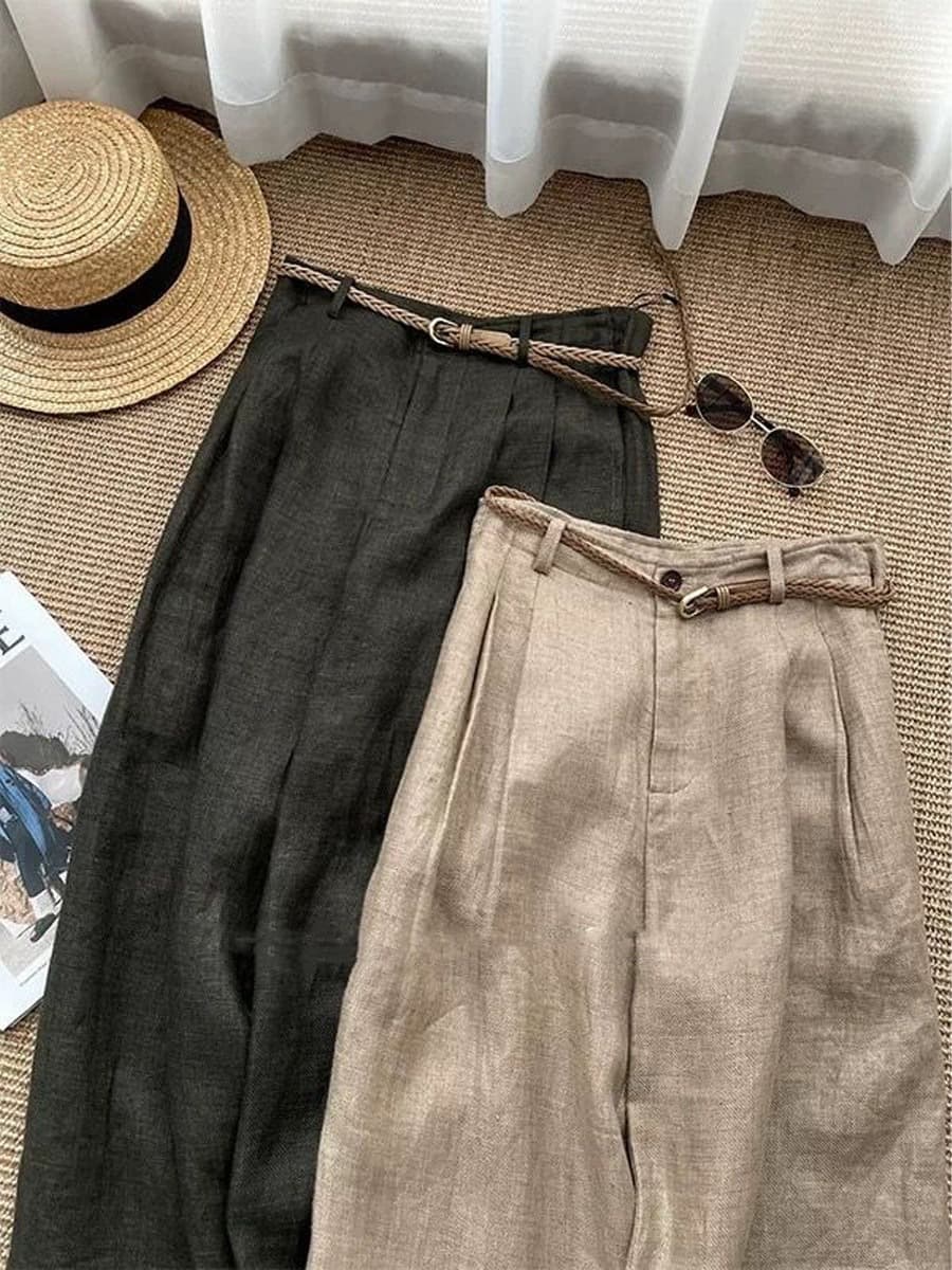 Old Money Style Khaki Linen Wide-Leg Pants for Women 2025 Summer High-Waist Thin Slimming Relaxed Straight Casual Trousers