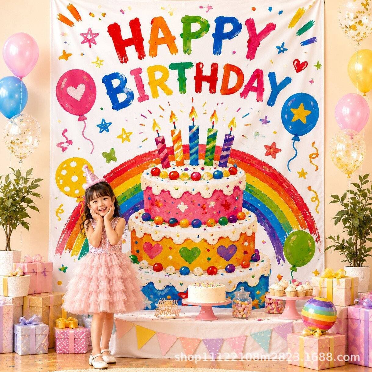 Girl's Birthday Party Decoration Scene Hanging Cloth, Baby Child Party Ritual Photo Prop Cake Background Cloth