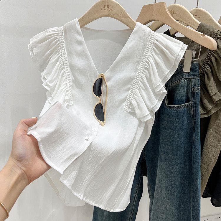 Chiffon lace shirt for small women with flying sleeves French ruffled v-neck clavicle sleeveless top for women