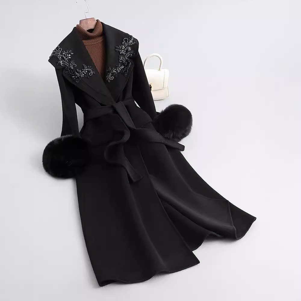 Women's Double-Faced Cashmere Coat with Premium Fox Fur Collar, Heavy Rhinestone Wool Blend Fur Jacket, Mid-Length Style
