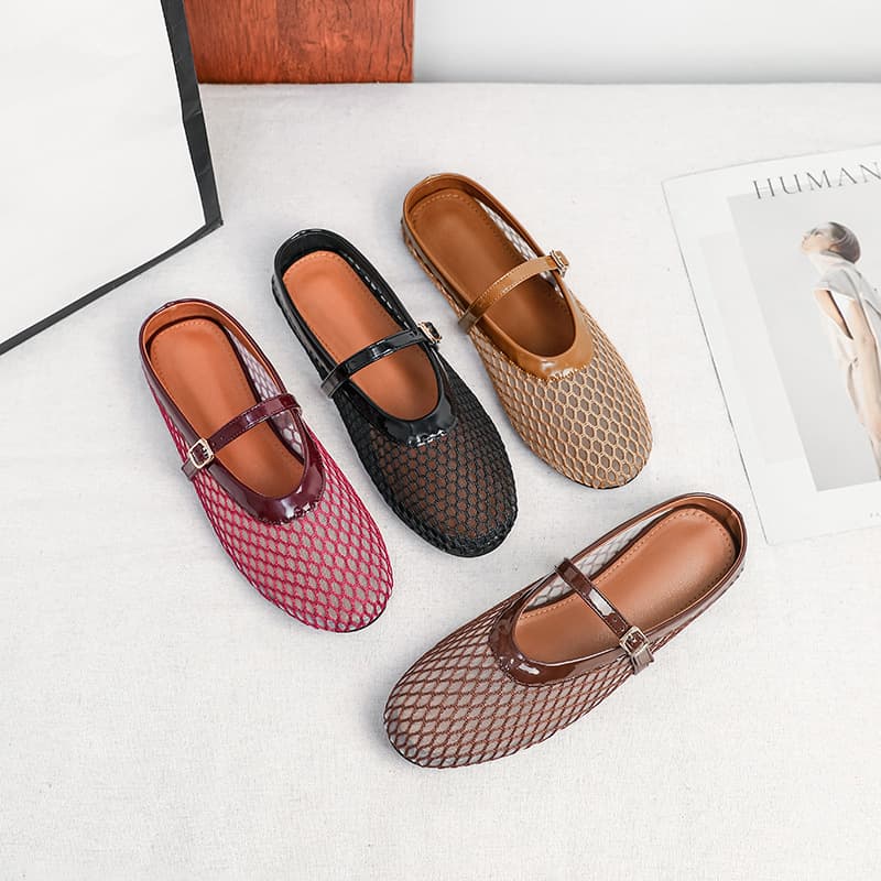 Flat Hollow Out 2026 Summer New Sandals Women Fishnet Mesh Shoes Mary Jane Flats Ballet Shoes