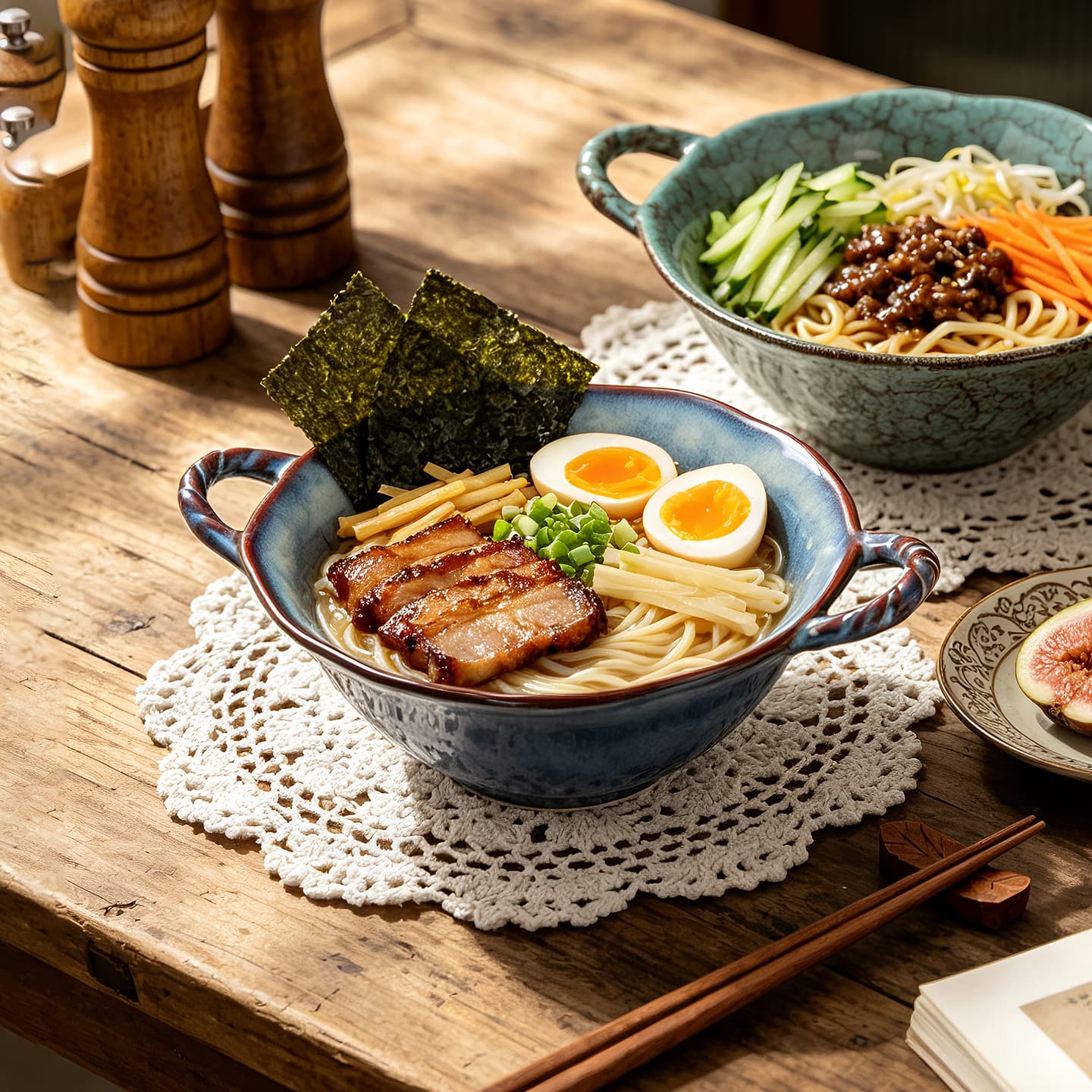 Japanese Kiln-Transformation Double-Handled Ceramic Bowl, Home Soup Bowl, Noodle Bowl, High-Aesthetic Anti-Scalding Floral Rim Ramen Bowl, Salad Bowl