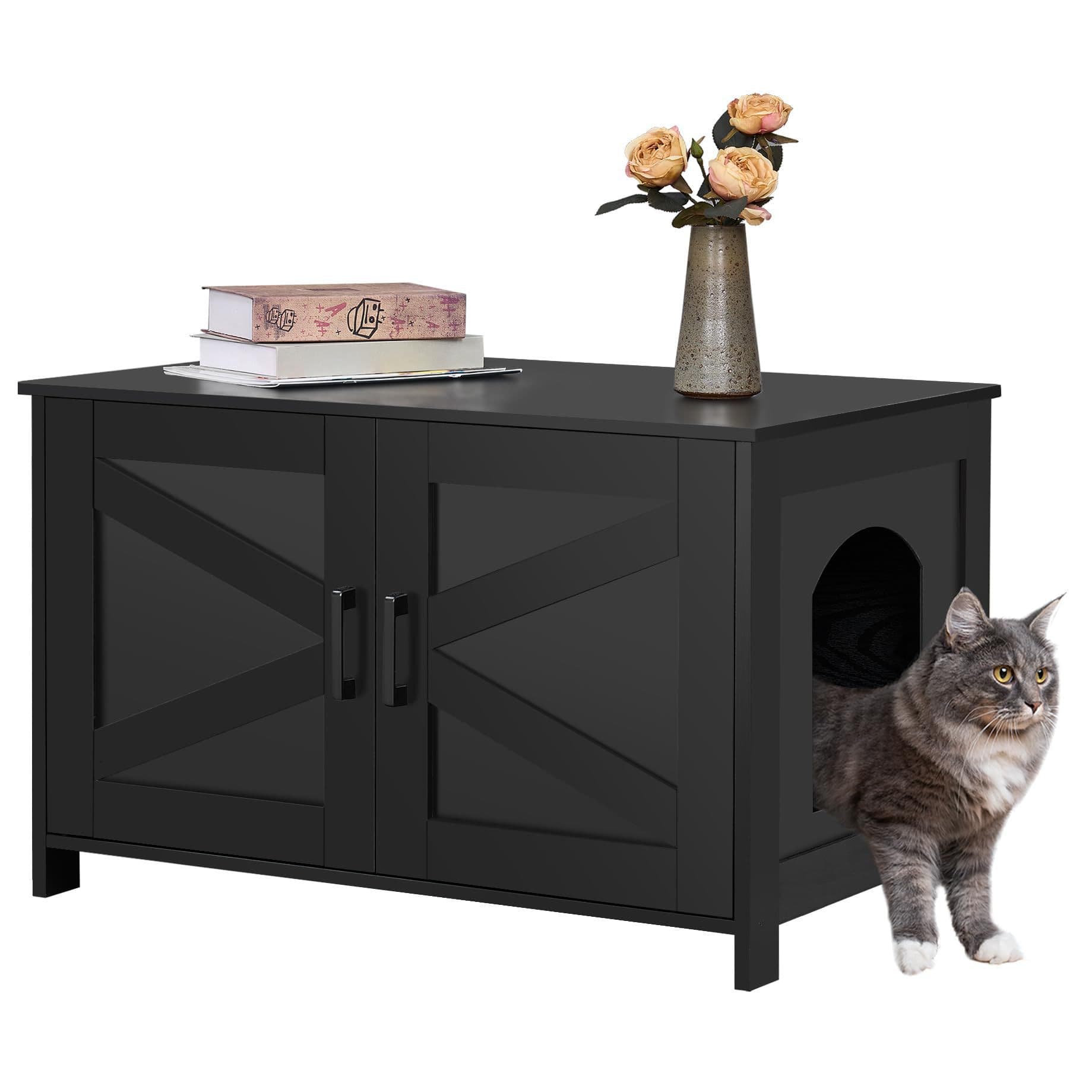 Cat House Fits Most Litter Boxes Black Wooden Cat Litter Box Toilet Furniture Hidden with Barn Door