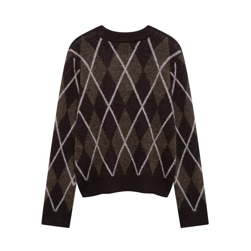 2024 Winter New European and American Style Women's Fashion Casual Round Neck Pullover Diamond Pattern Knit Cardigan 2756125