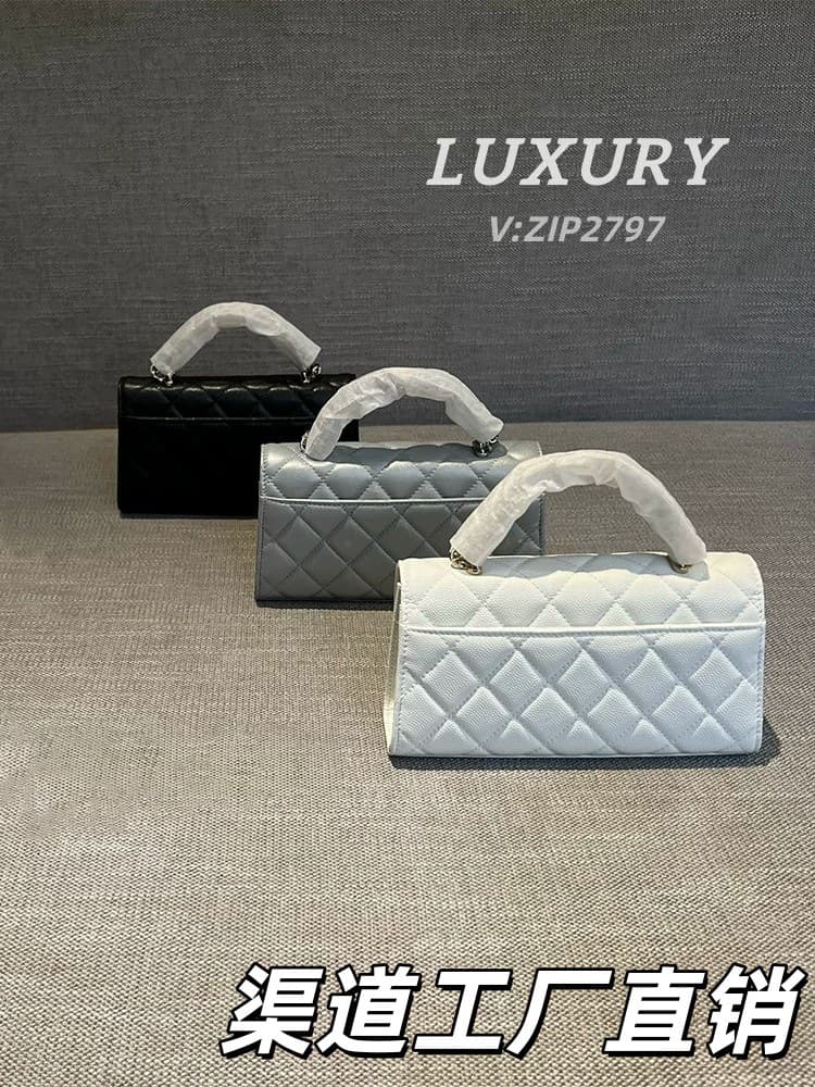 25S New Double-Layer Handle Kelly Bag Diamond Quilted Chain Shoulder Crossbody Caviar Leather Women's Handbag 23P