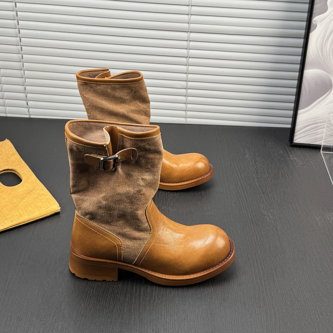 Retro genuine leather color matching Western Martin boots for women 2026 summer new style cowhide mid-calf boots thick heel denim boots
