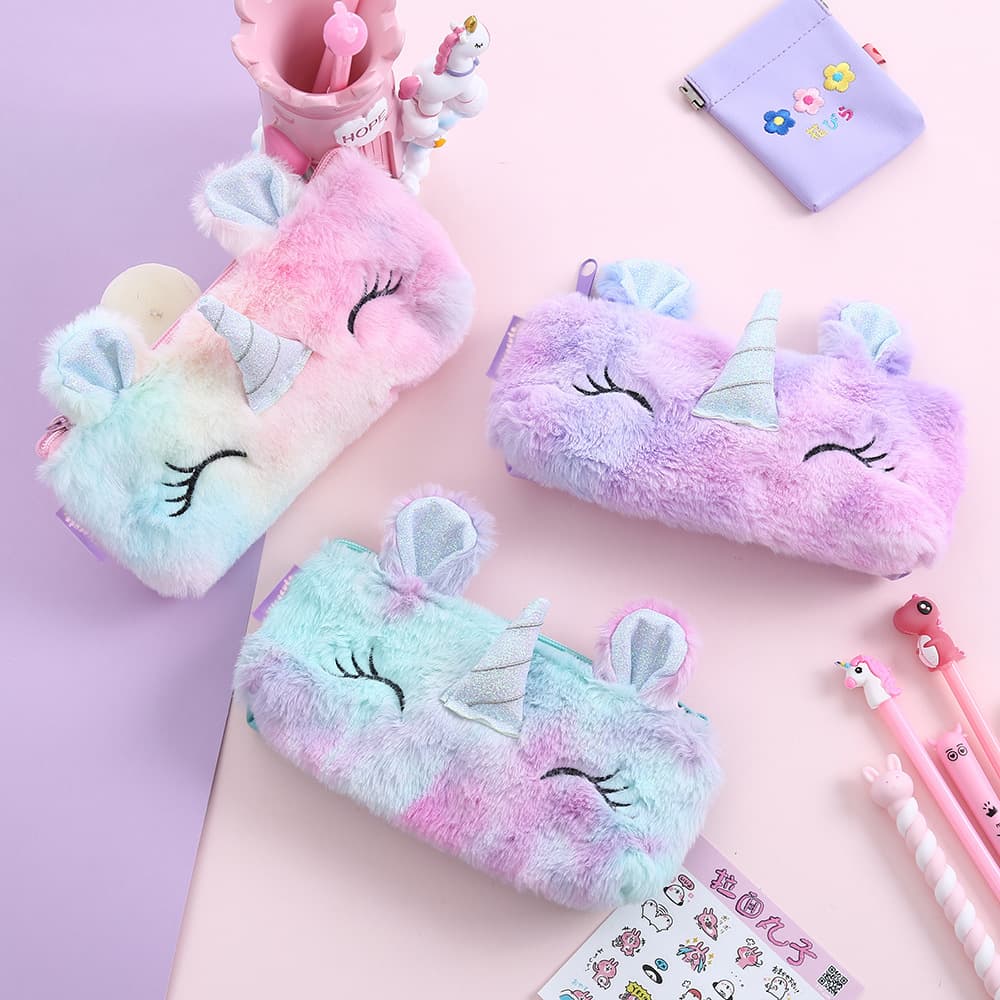 Unicorn Winter Plush Pencil Case, Unicorn Cartoon Kids Stationery Storage Bag, Pencil Pouch for Girls, Phone Bag