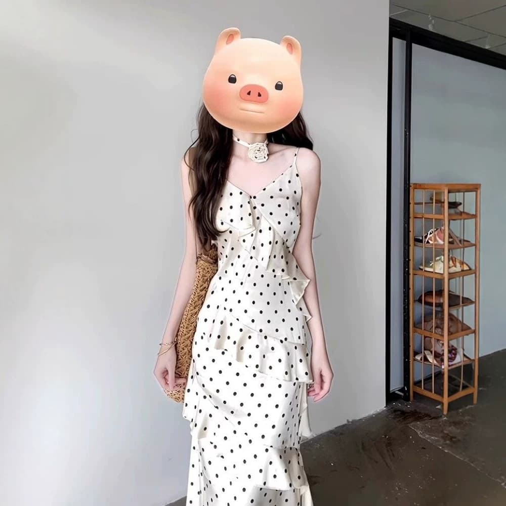 Summer French tea break temperament socialite polka dot suspender dress fairy ruffled gentle style holiday long skirt