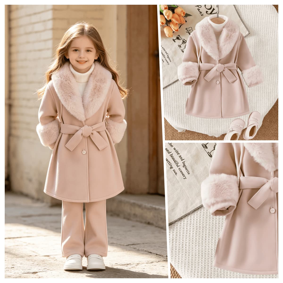 Girls' Wool Coat with Faux Fur Collar and Waist Design, Stylish and Warm for Older Kids, Factory Direct