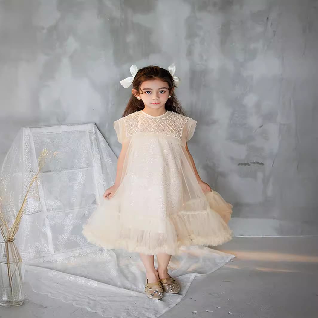 Spot girls pearl collar mesh poncho princess dress performance birthday wedding dress pure cotton fabric catwalk