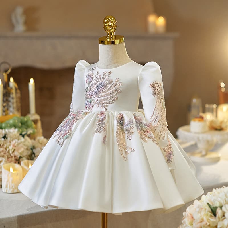 Stunning First Birthday Dress for Baby Girl, Long Sleeve Satin Princess Dress Flower Girl Dress, Toddler 100-Day Banquet Zhuazhou Tulle Dress