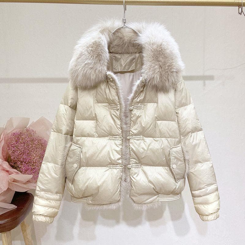 Fox Short Down Jacket New Fur Collar 2024 Winter Retro Frog Button Mink Patchwork Duck Down Coat