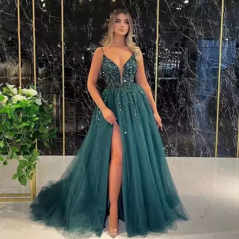 2026 New Summer Sexy Long Evening Dress Deep V-Neck Sequins Mesh Gown for Banquet Wholesale for European and American Cross-Border Markets