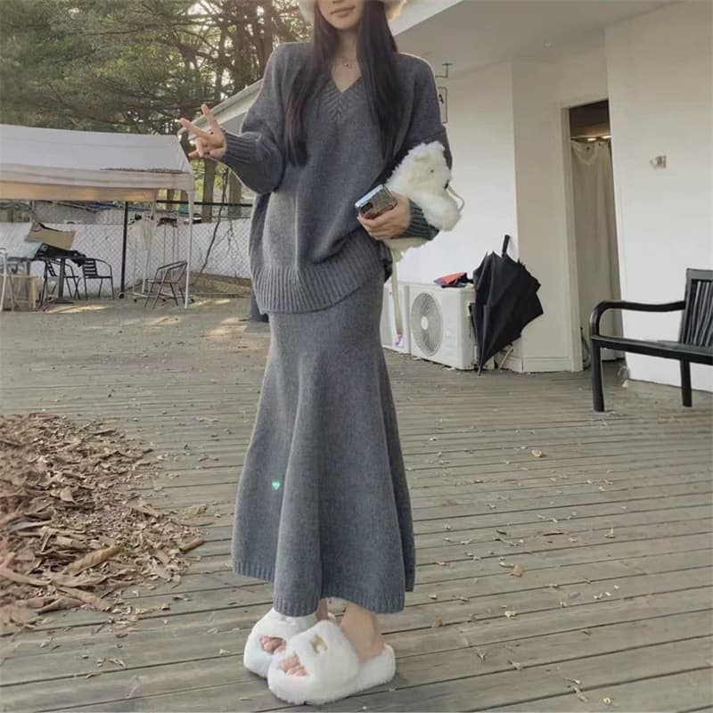 Lazy Style V-Neck Knit Set Women Cross-Border Export Fall/Winter Gray Sweater Mermaid Skirt Elegant Two-Piece Set
