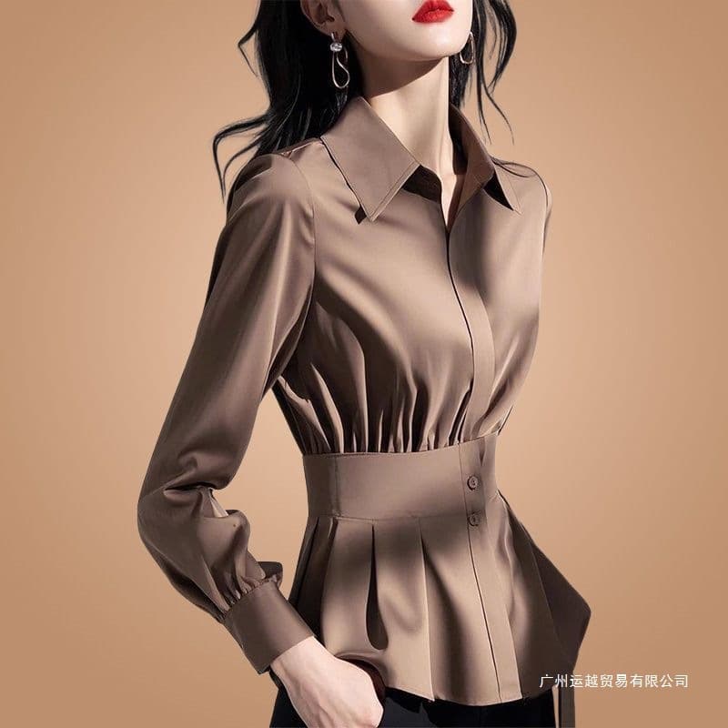 European High-End Chic Niche Light Luxury Advanced Age-Reducing Beautiful Trendy Coffee Color Cinched Waist Shirt Women's Elegant Commuter