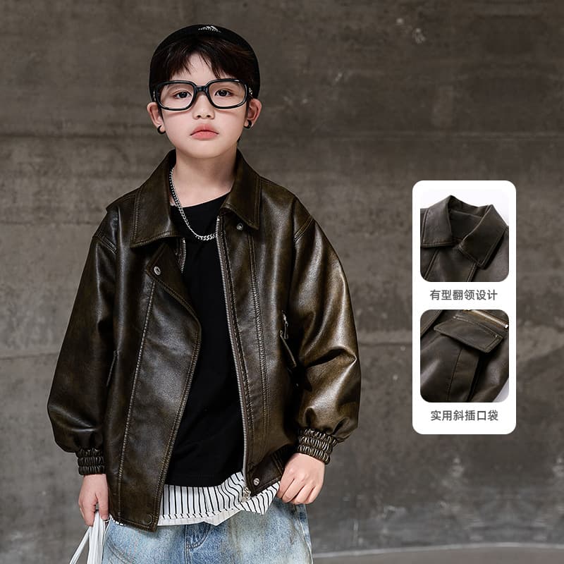 Boys' Leather Jacket Spring/Fall 2026 New Style, Cool Motorcycle Jacket for Older Boys, Kids' Spring Clothing