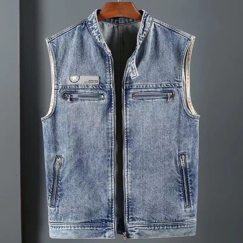 Trendy Stand Collar American Denim Vest Men's Summer Streetwear Retro Loose Plus Size Motorcycle Vest Waistcoat Sleeveless Top