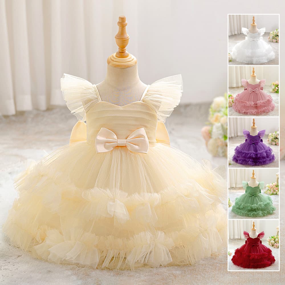 New Cross-Border Girls' First Birthday Princess Dress Flower Girl Wedding Gown Small Flutter Sleeve Tulle Cake Dress Factory Direct
