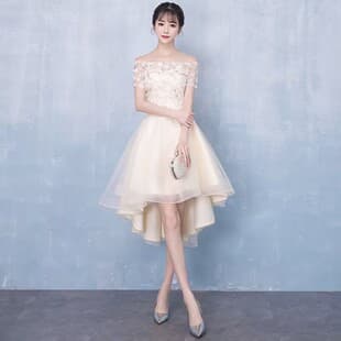 Banquet Champagne Evening Dress New Style One-Shoulder Front Short Back Long Slimming Bridesmaid Dress Party Prom Little Gown