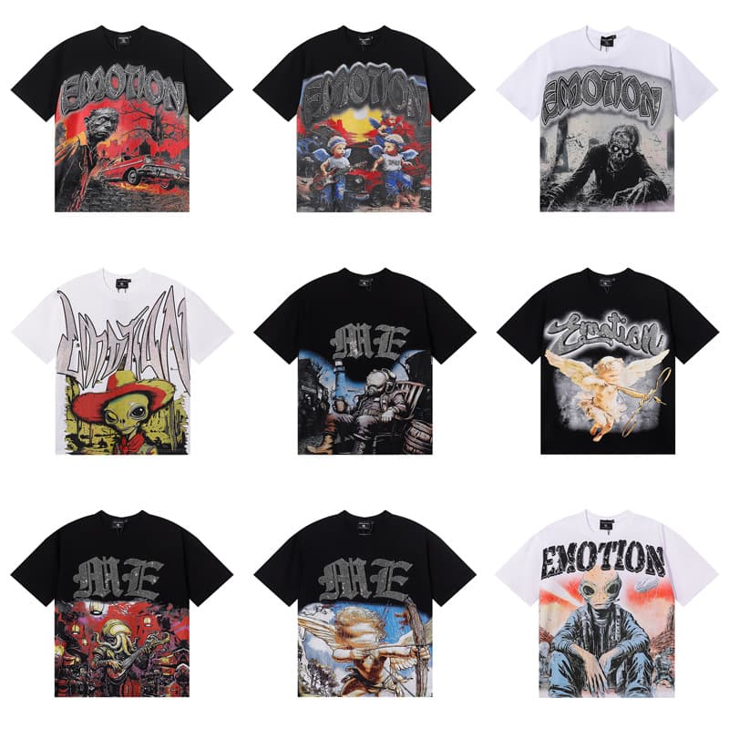 2026 Cross-border MIXED EMOTION Rhinestone Washed Distressed Hip Hop American Streetwear High Street Pure Cotton Crew Neck Short Sleeve T-Shirt