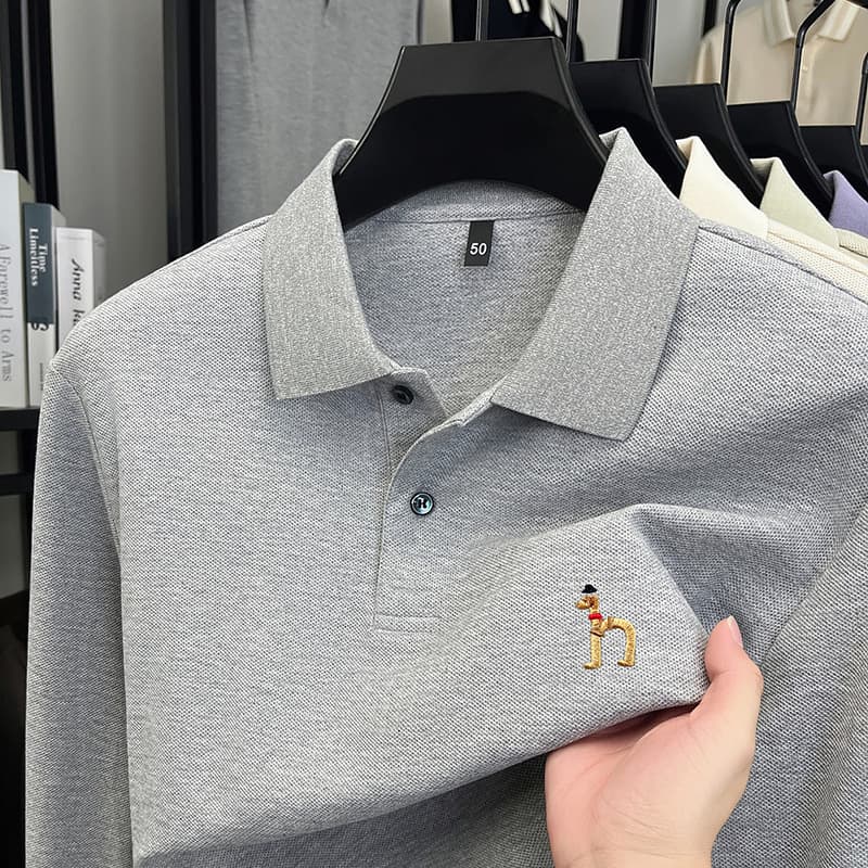 Long-Sleeve Polo Shirt for Men Premium Embroidered Pure Cotton T-Shirt Casual Sports Turn-Down Collar Solid Color Undershirt Cross-Border
