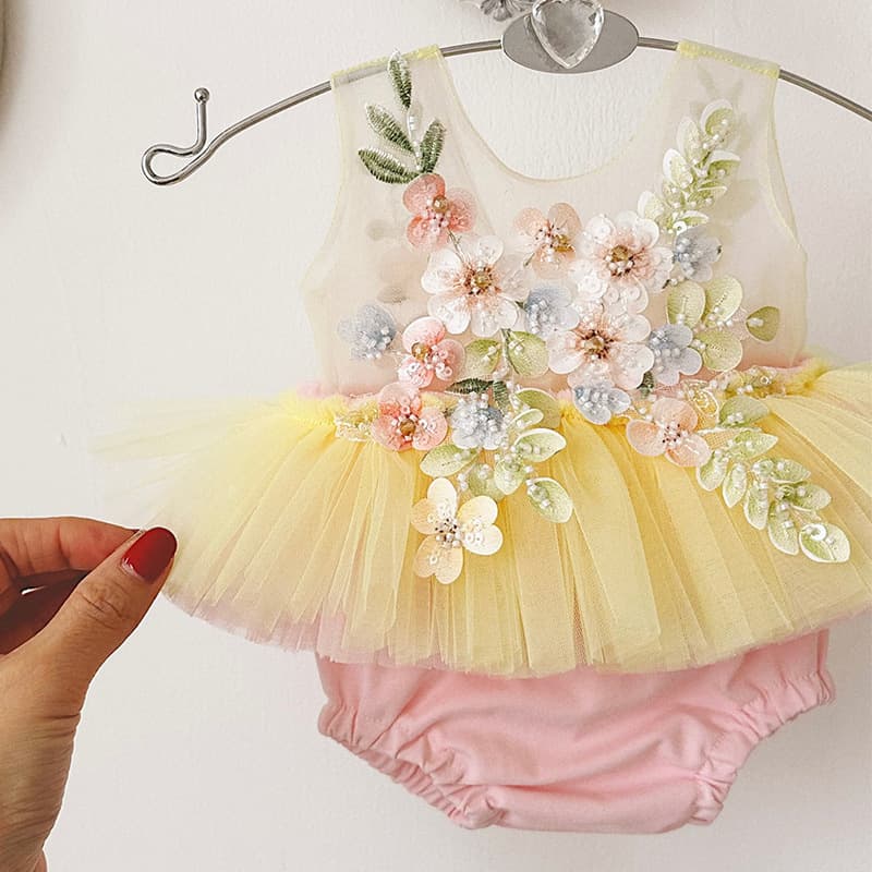 New Summer Baby Girl Dress Mesh Camisole Jumpsuit Cute Embroidered Princess Tutu Dress Baby First Birthday Outfit