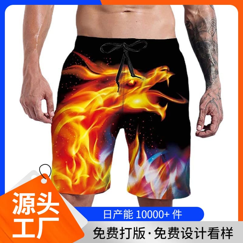 New European and American Cross-Border 3D Digital Print Flame Shorts Casual Fashion Beach Shorts for Men