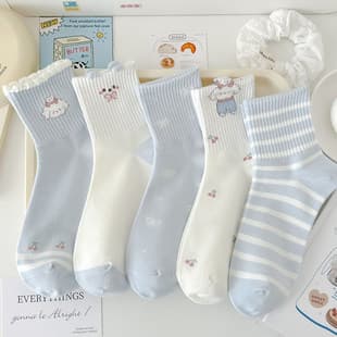 Children Socks Blue Standing Ear Puppy Spring Autumn Socks Girls Middle Tube Socks Korean Style Cute Cartoon Autumn Striped Socks